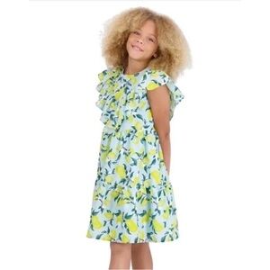French Connection Lemon Pattern Little Girl Blue Yellow Tiered Ruffle Dress 7/8